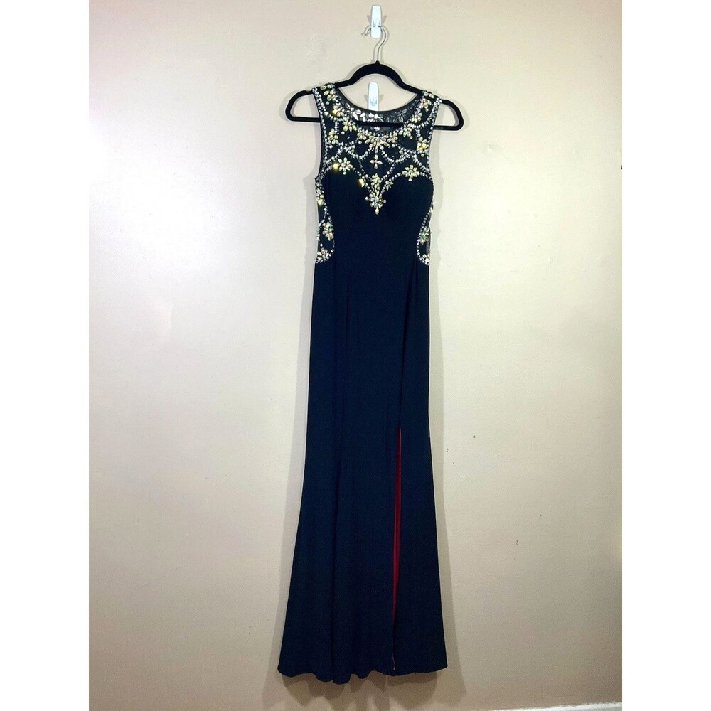 Betsy & Adam Sequin Rhinestone Formal Maxi Dress 6 Black Gala Evening Glam Prom